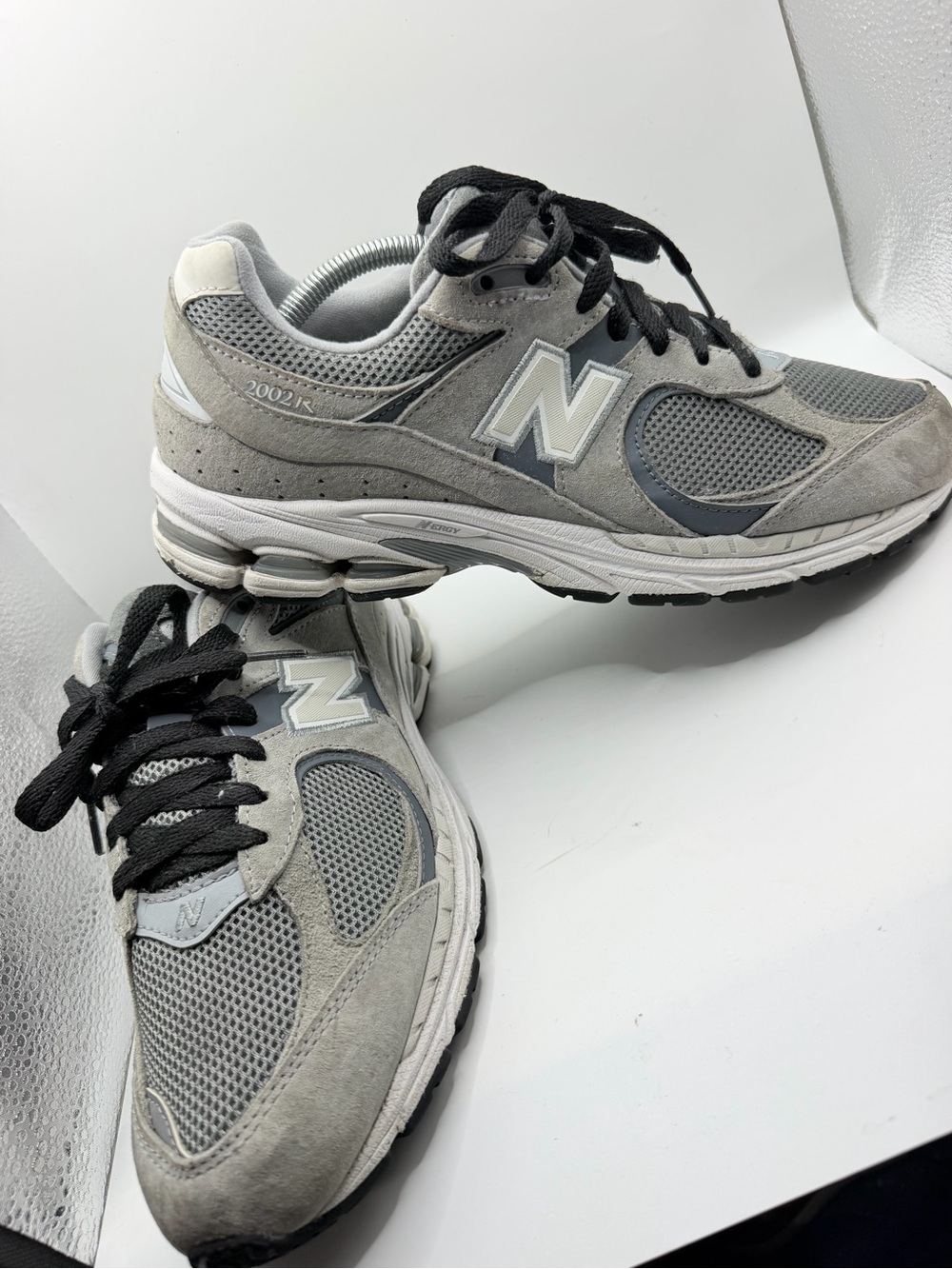 New Balance Men's Grey Suede & Mesh Athletic Sneakers with Black Laces
